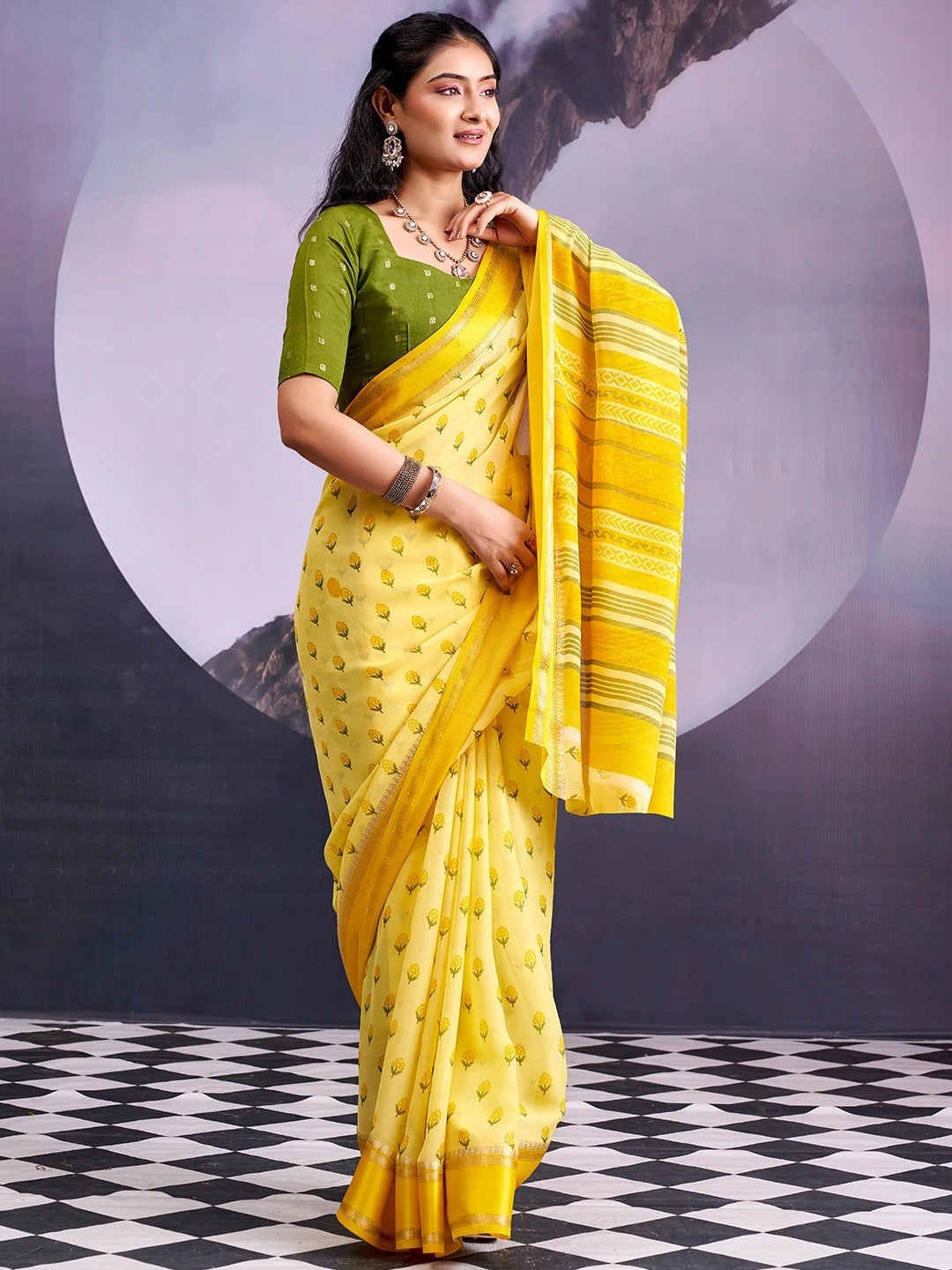 Classic Light Yellow Floral Printed Georgette Saree With Rich Zari Woven Border - Image 1