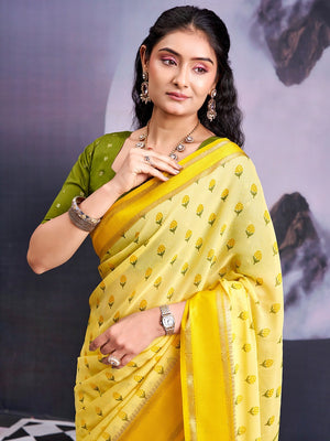 Classic Light Yellow Floral Printed Georgette Saree With Rich Zari Woven Border - Image 2