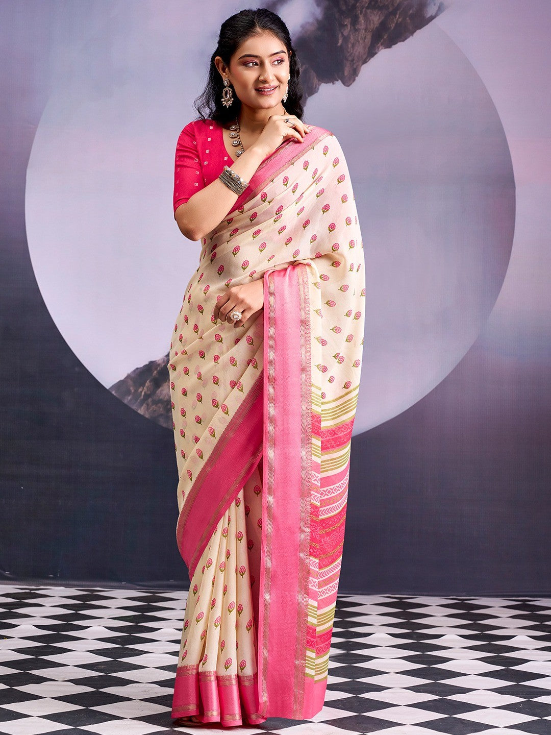 Classic Cream & Pink Floral Printed Georgette Saree With Rich Zari Woven Border - Image 1