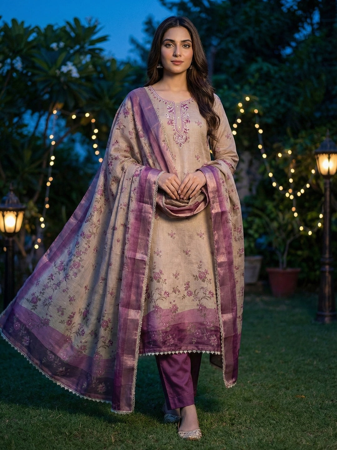 Beige & Purple Floral Printed Linen Dress Material with Embroidery - Image 2