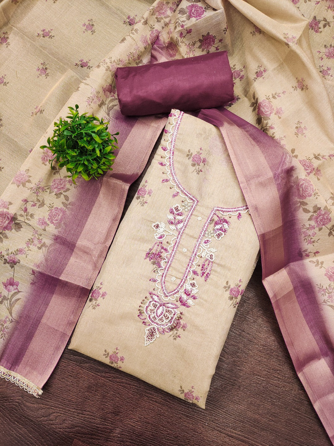 Beige & Purple Floral Printed Linen Dress Material with Embroidery - Image 4
