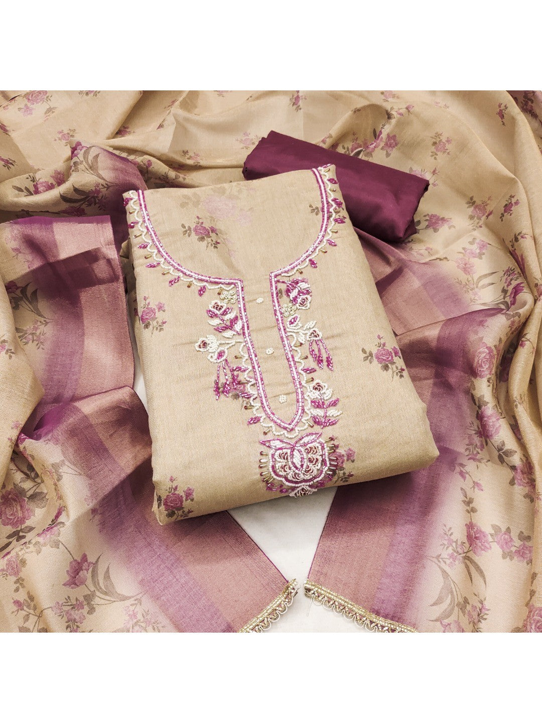 Beige & Purple Floral Printed Linen Dress Material with Embroidery - Image 1