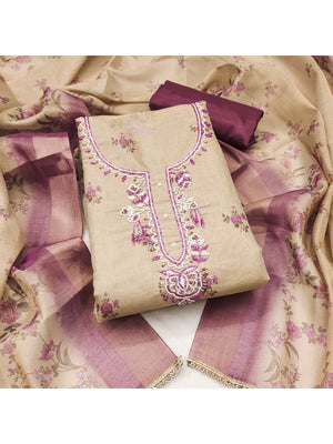Beige & Purple Floral Printed Linen Dress Material with Embroidery - Image 1