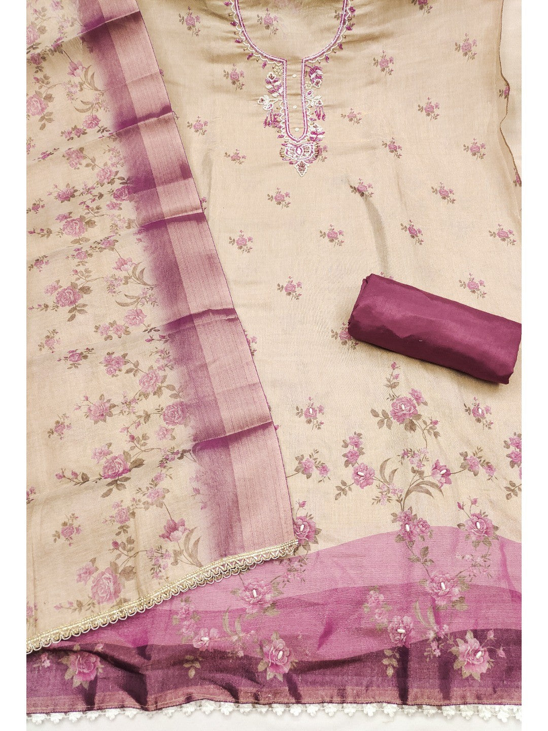 Beige & Purple Floral Printed Linen Dress Material with Embroidery - Image 3