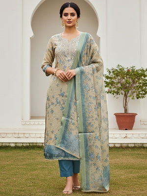 Beige & Blue Floral Printed Linen Dress Material with Embroidery - Image 2