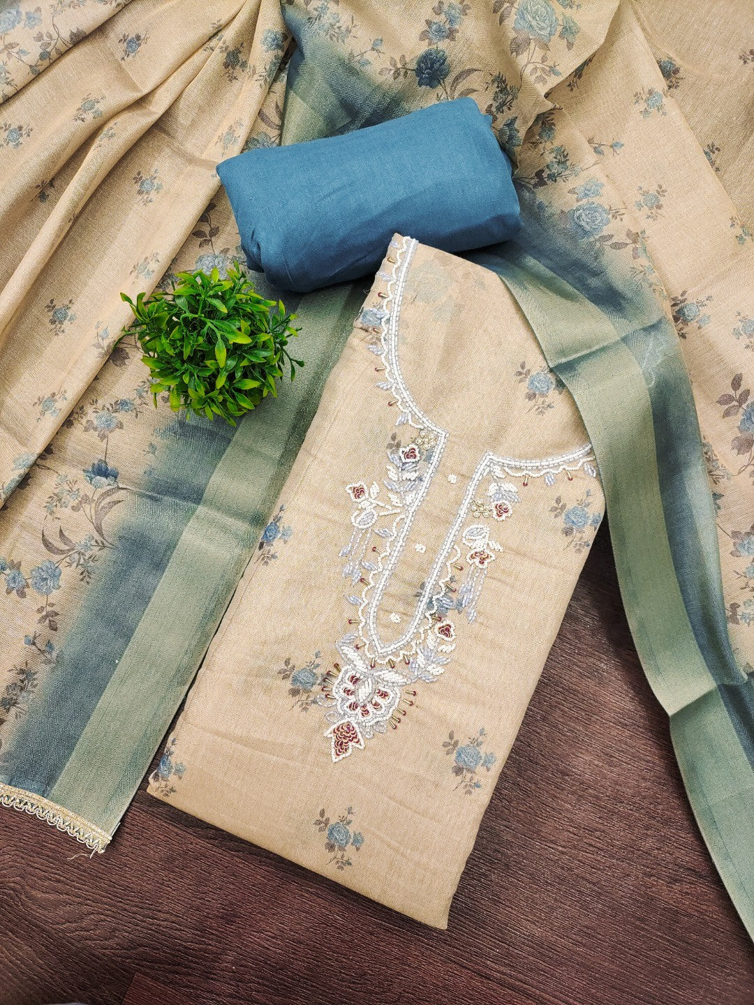 Beige & Blue Floral Printed Linen Dress Material with Embroidery - Image 3