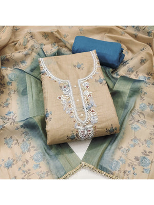Beige & Blue Floral Printed Linen Dress Material with Embroidery - Image 1