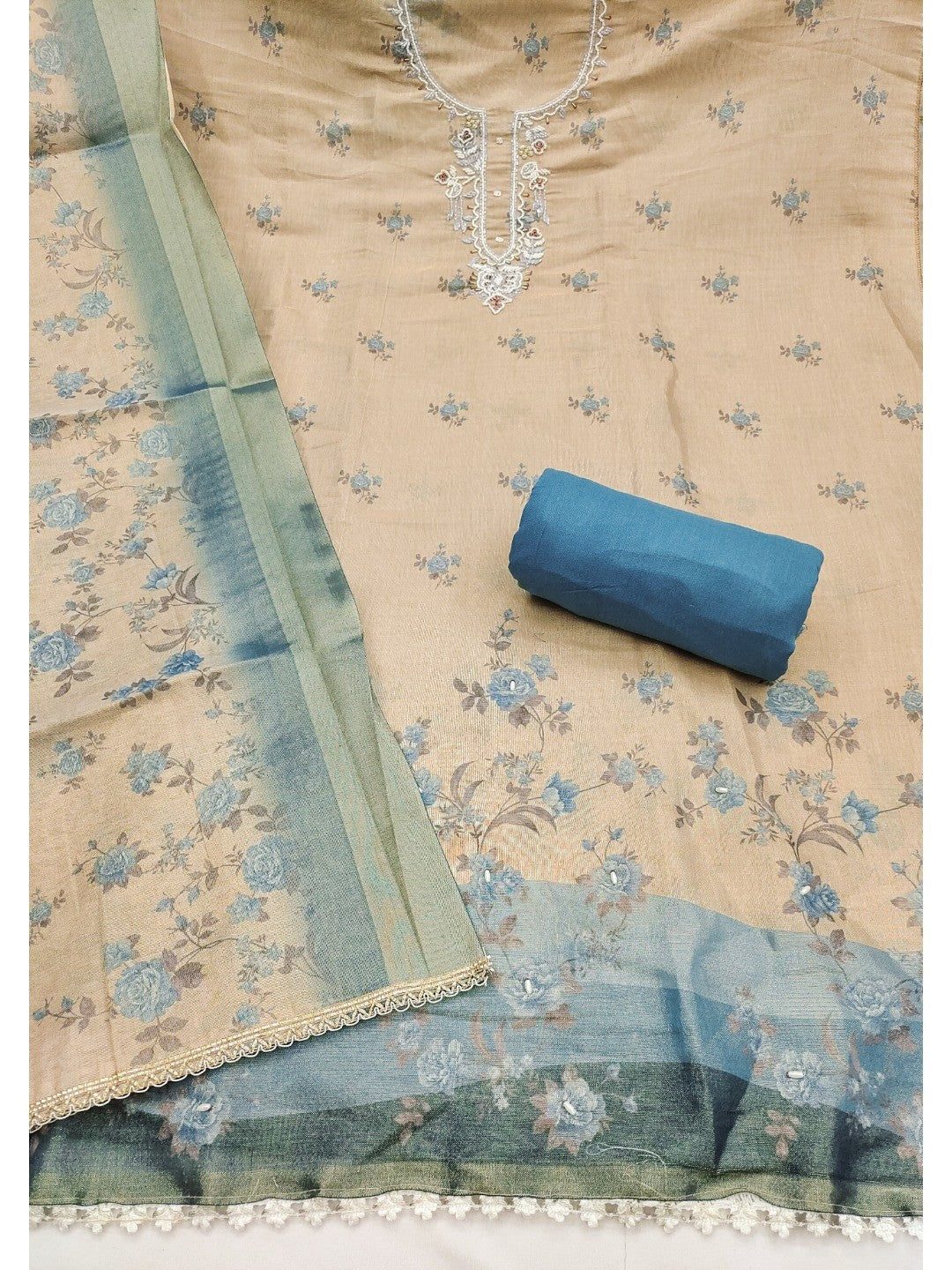 Beige & Blue Floral Printed Linen Dress Material with Embroidery - Image 4