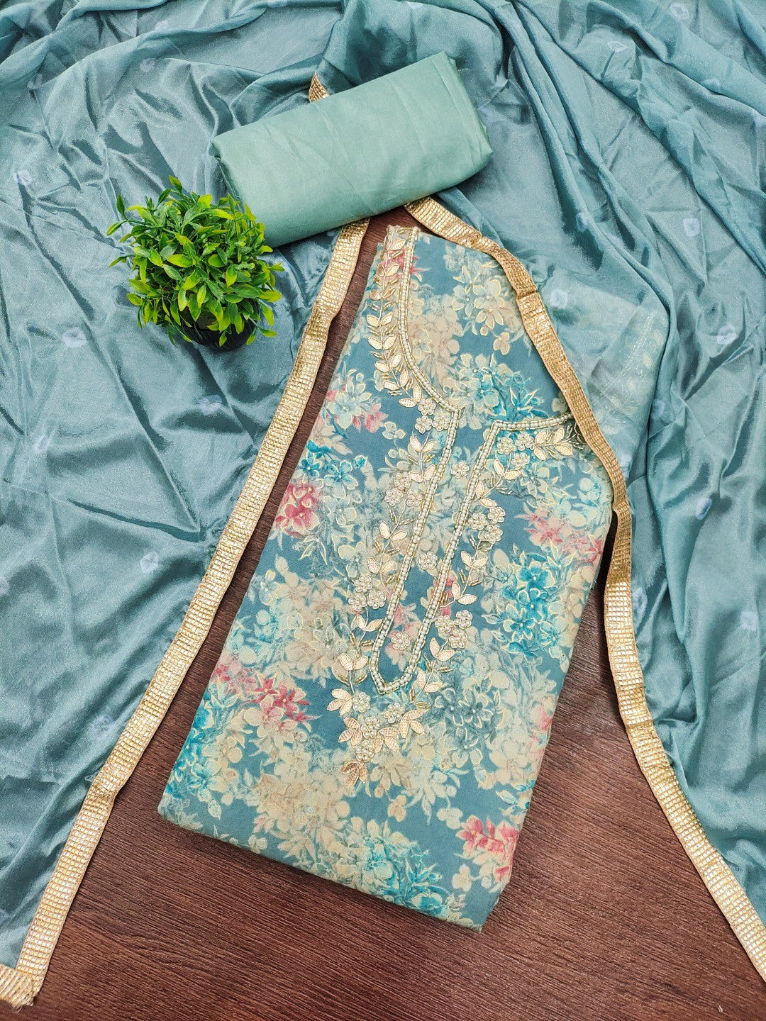 Teal Floral Chanderi Silk Dress Material with Gold Embellishments - Image 5