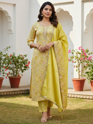 Yellow Floral Chanderi Silk Dress Material with Gold Embellishments - Image 1