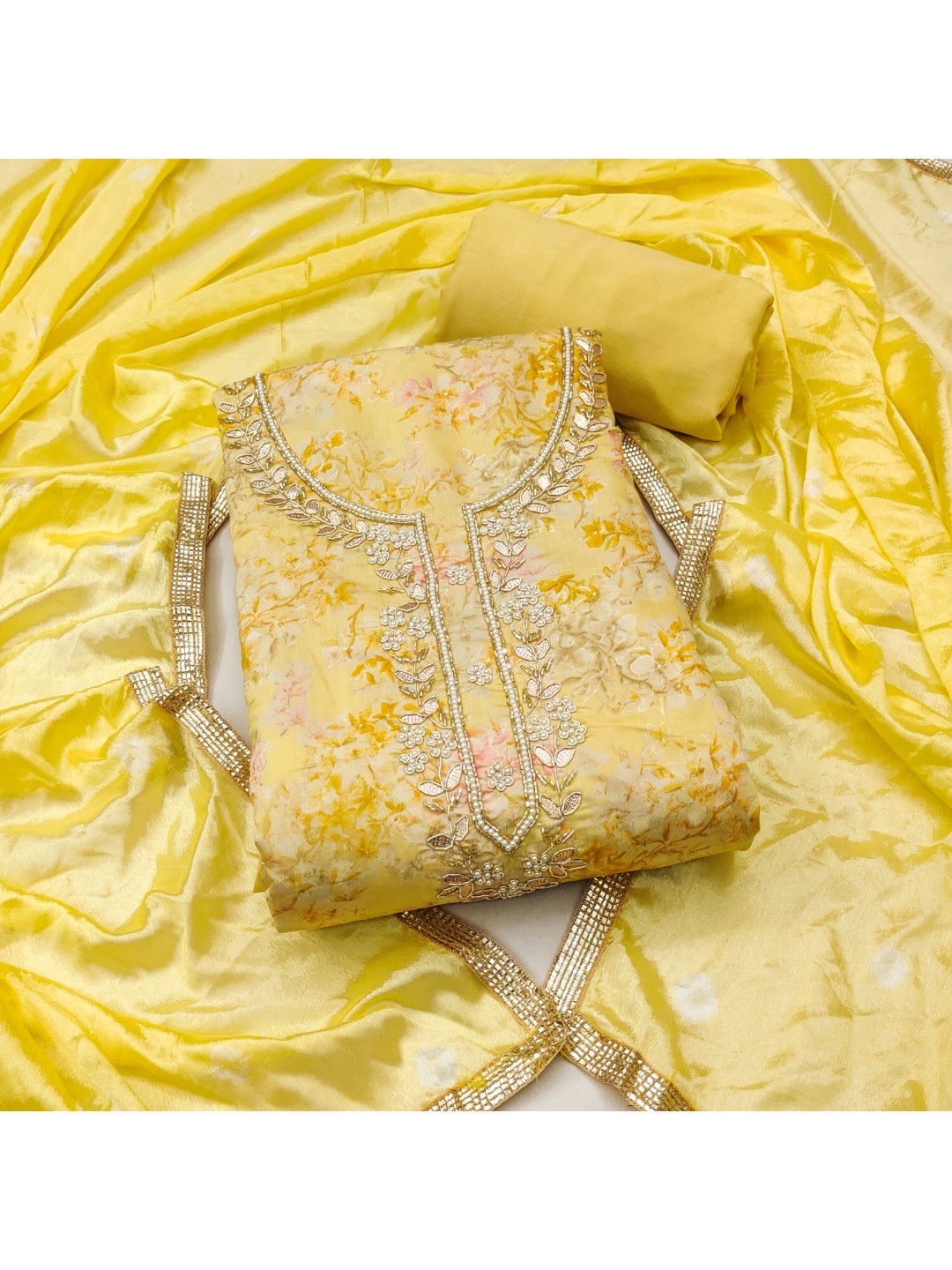 Yellow Floral Chanderi Silk Dress Material with Gold Embellishments - Image 4