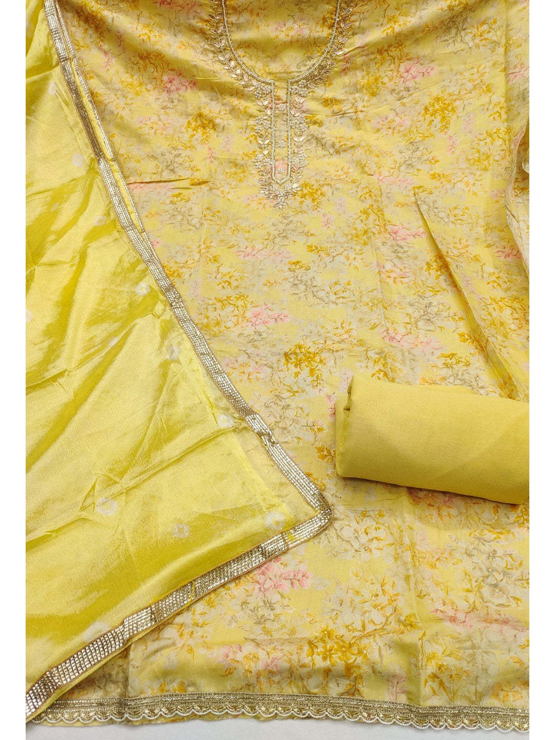 Yellow Floral Chanderi Silk Dress Material with Gold Embellishments - Image 5