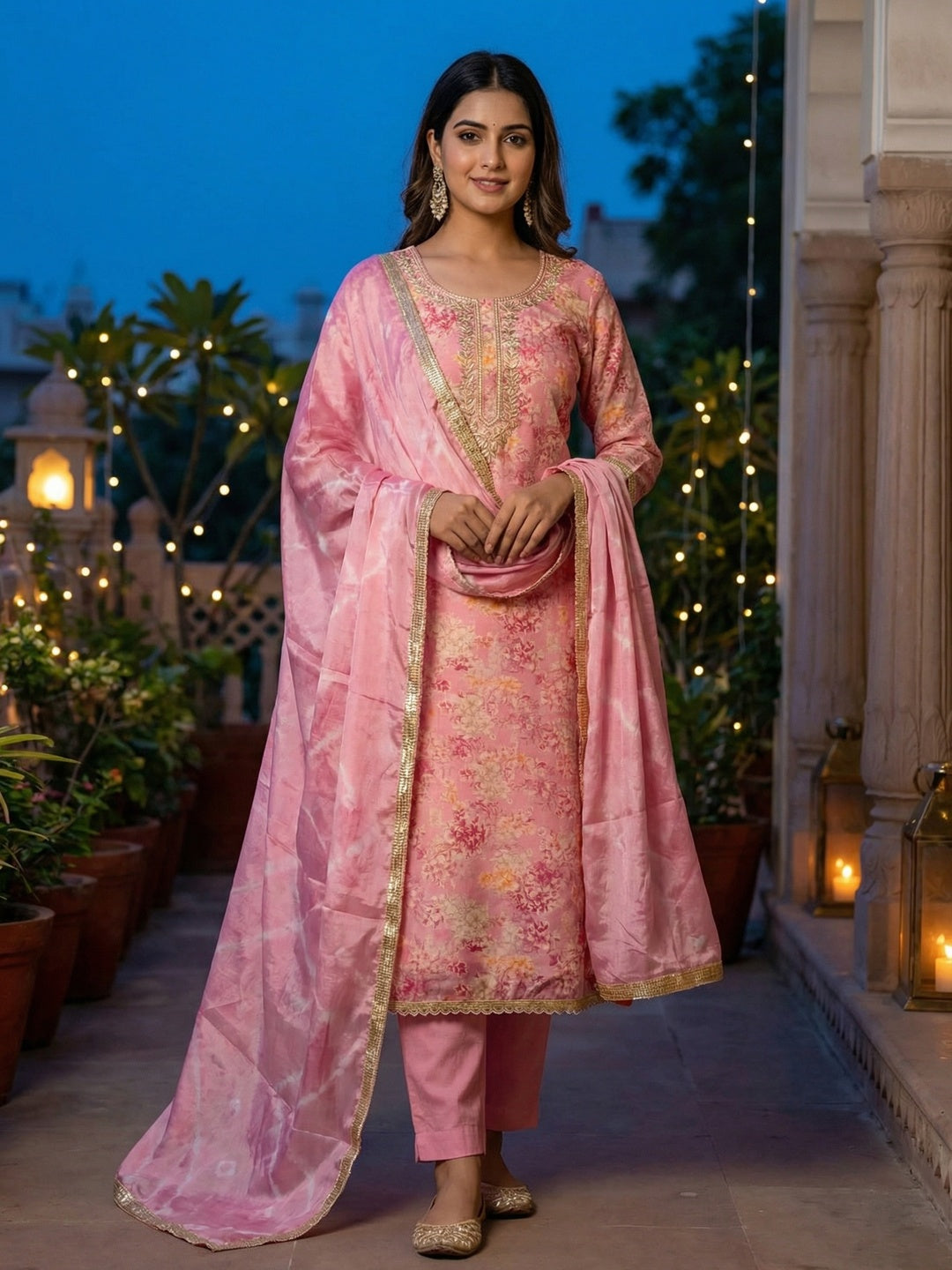 Baby Pink Floral Chanderi Silk Dress Material with Gold Embellishments - Image 2