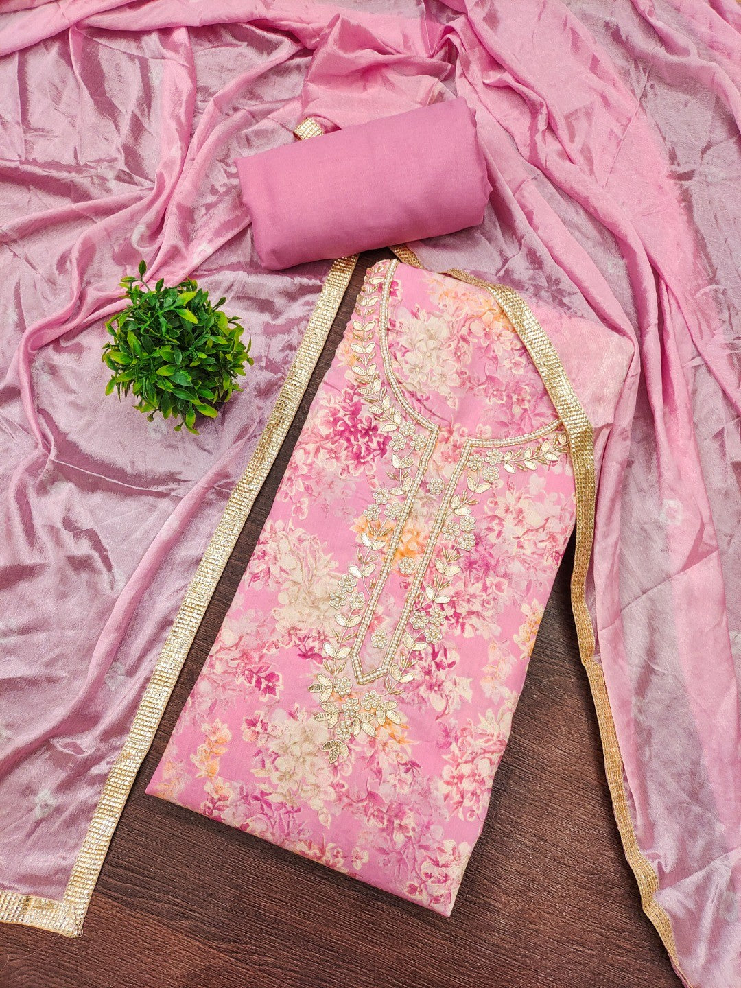 Baby Pink Floral Chanderi Silk Dress Material with Gold Embellishments - Image 4