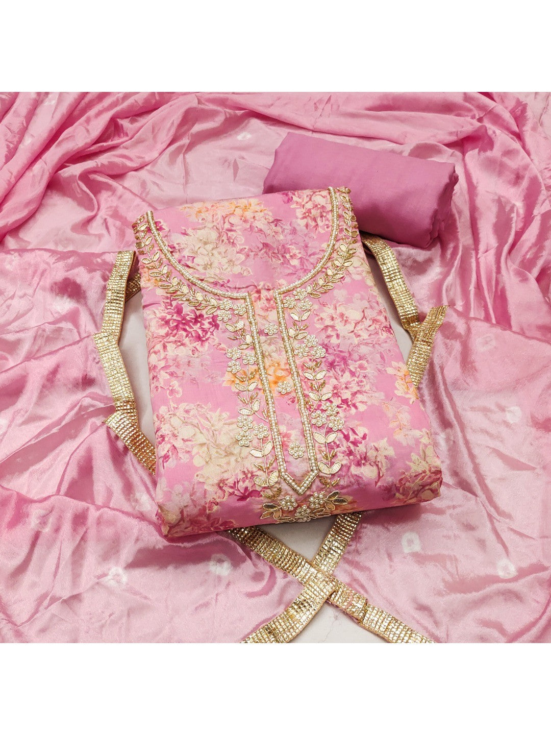 Baby Pink Floral Chanderi Silk Dress Material with Gold Embellishments - Image 1