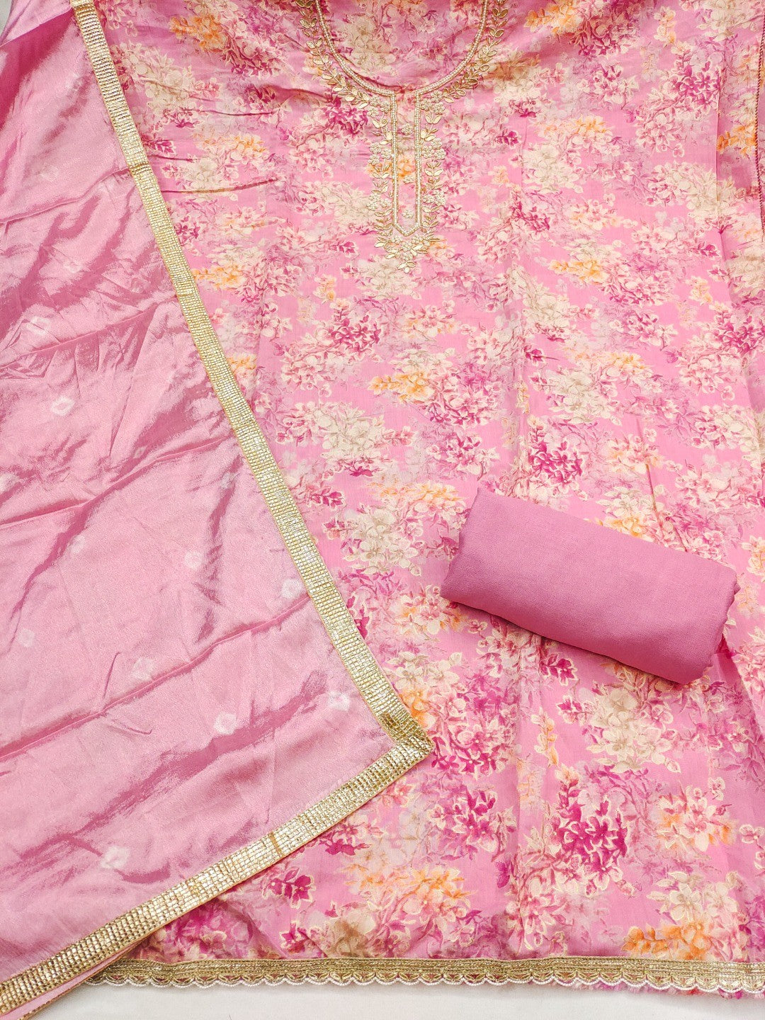 Baby Pink Floral Chanderi Silk Dress Material with Gold Embellishments - Image 5