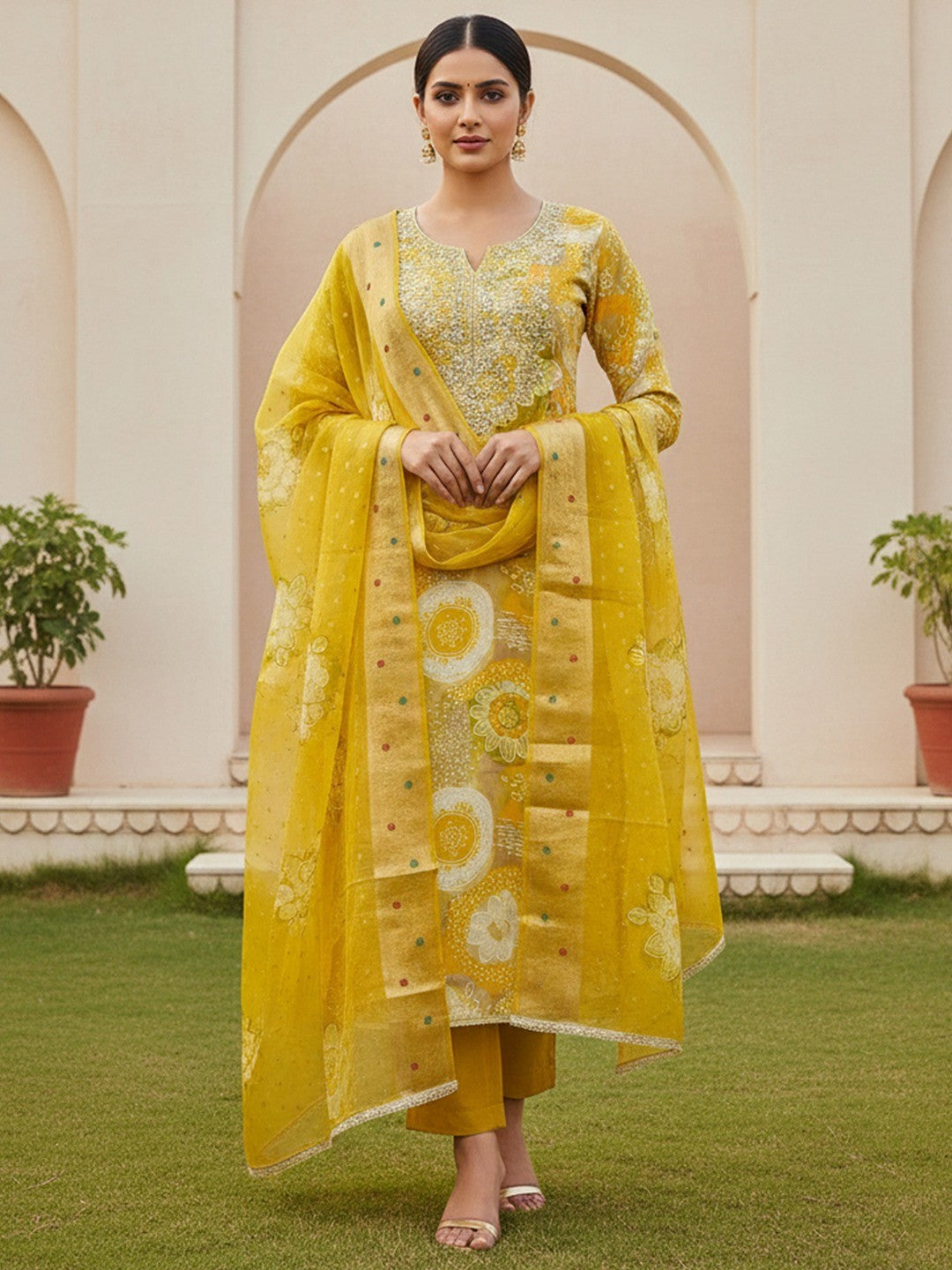 Mustard Floral Print Chanderi Silk Dress Material with Dupatta - Image 2