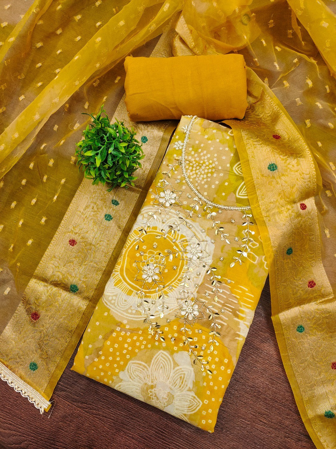 Mustard Floral Print Chanderi Silk Dress Material with Dupatta - Image 3