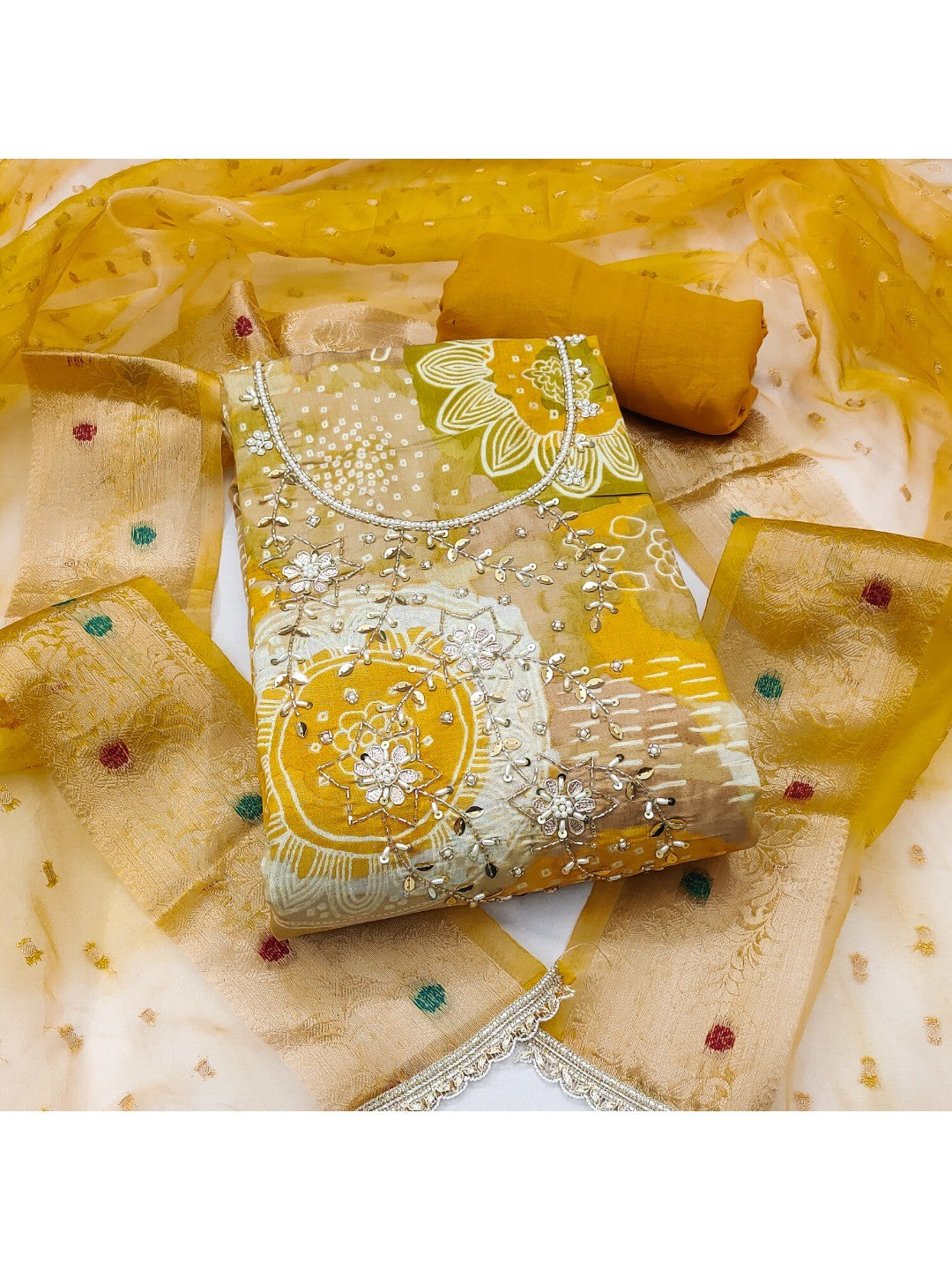 Mustard Floral Print Chanderi Silk Dress Material with Dupatta - Image 1