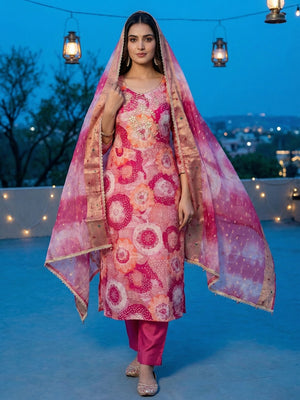 Pink Floral Print Chanderi Silk Dress Material with Dupatta - Image 2
