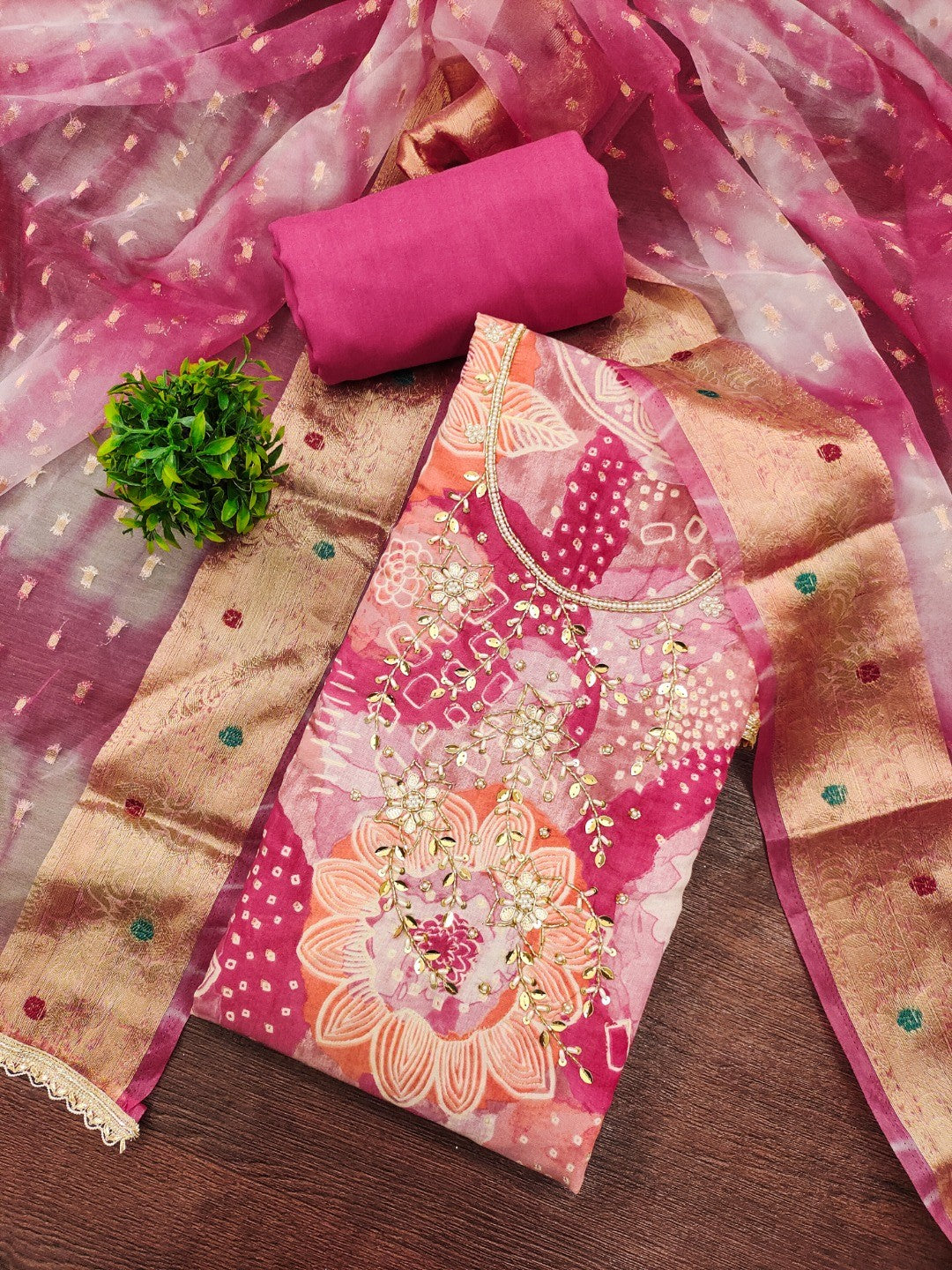 Pink Floral Print Chanderi Silk Dress Material with Dupatta - Image 3
