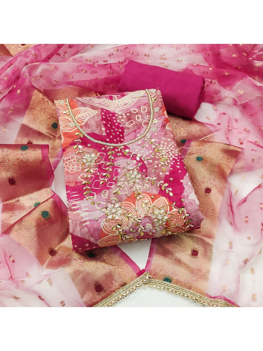 Pink Floral Print Chanderi Silk Dress Material with Dupatta - Image 1