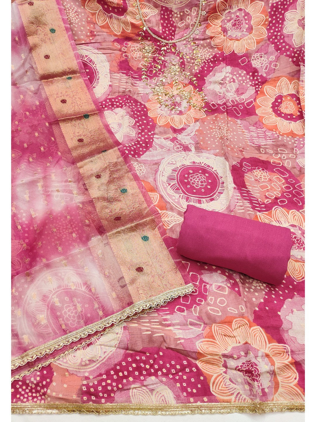 Pink Floral Print Chanderi Silk Dress Material with Dupatta - Image 4
