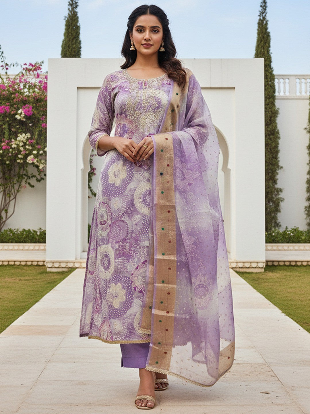 Lavender Floral Print Chanderi Silk Dress Material with Dupatta - Image 2
