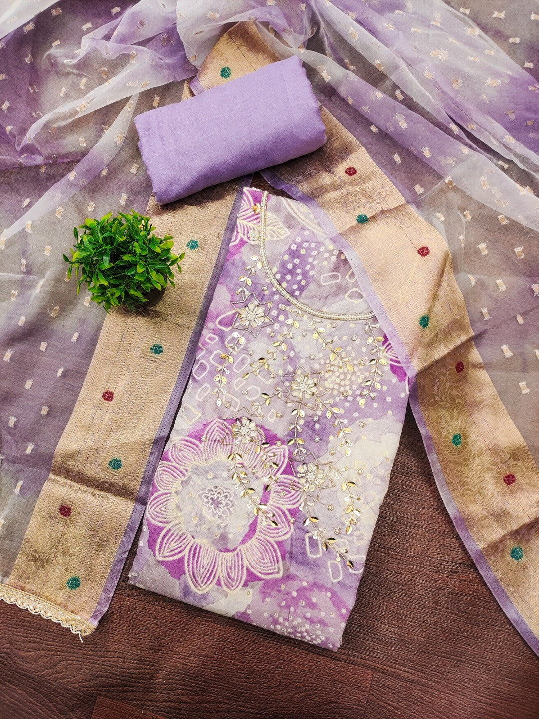 Lavender Floral Print Chanderi Silk Dress Material with Dupatta - Image 4