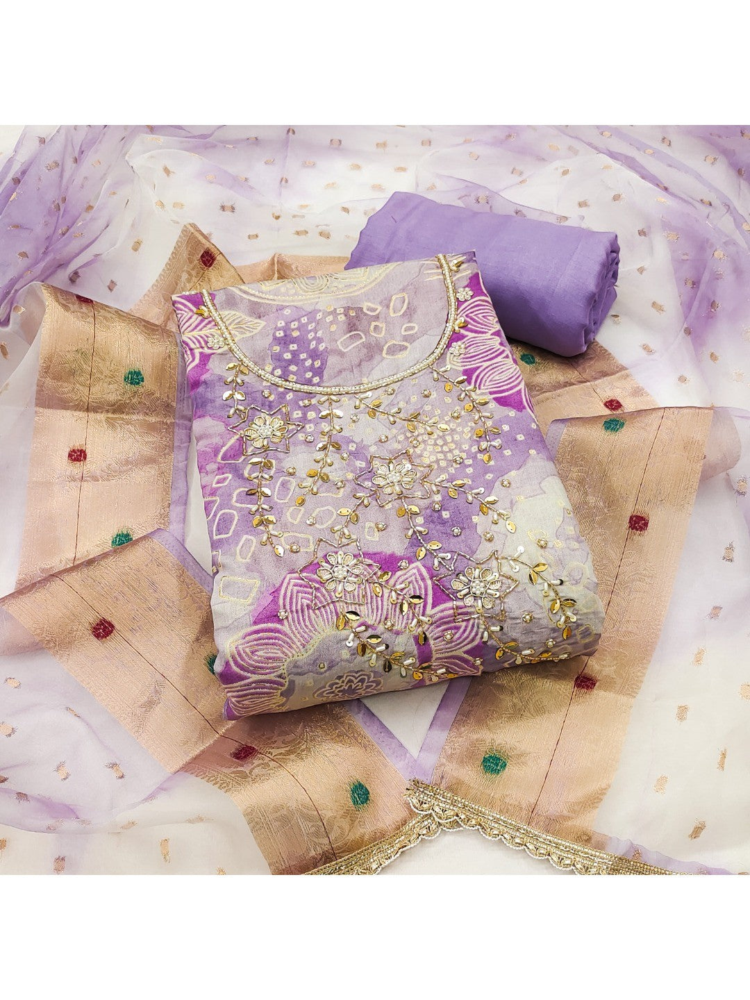 Lavender Floral Print Chanderi Silk Dress Material with Dupatta - Image 1