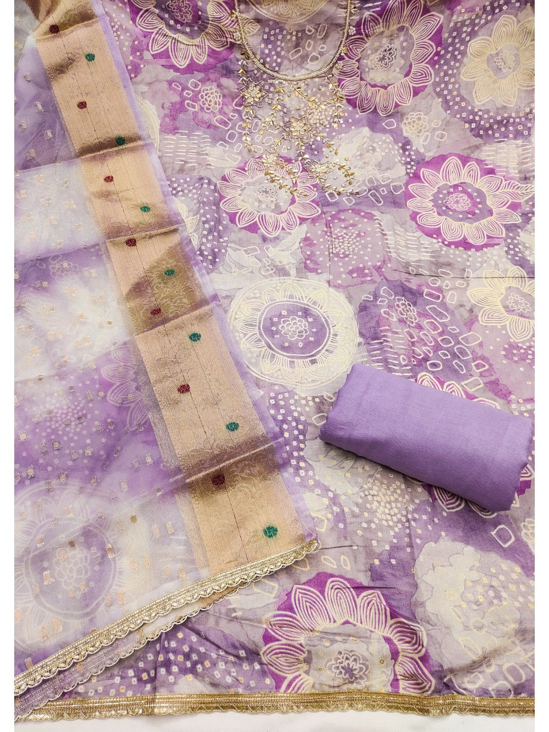 Lavender Floral Print Chanderi Silk Dress Material with Dupatta - Image 5