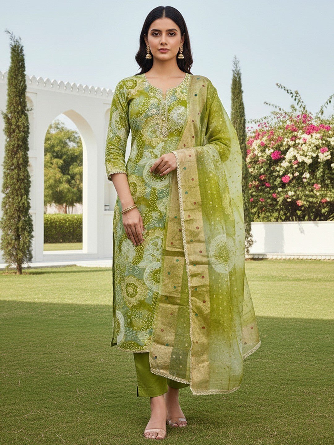 Green Floral Print Chanderi Silk Dress Material with Dupatta - Image 2