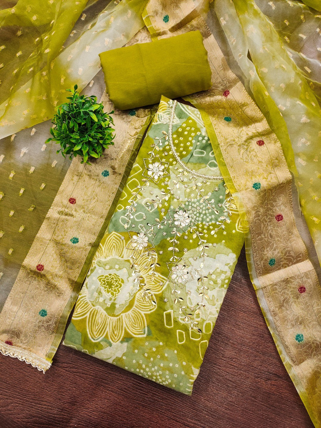 Green Floral Print Chanderi Silk Dress Material with Dupatta - Image 3
