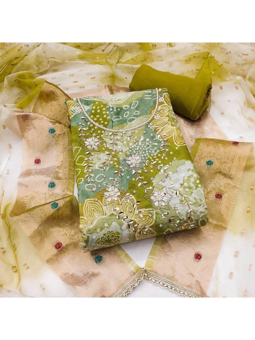 Green Floral Print Chanderi Silk Dress Material with Dupatta - Image 1