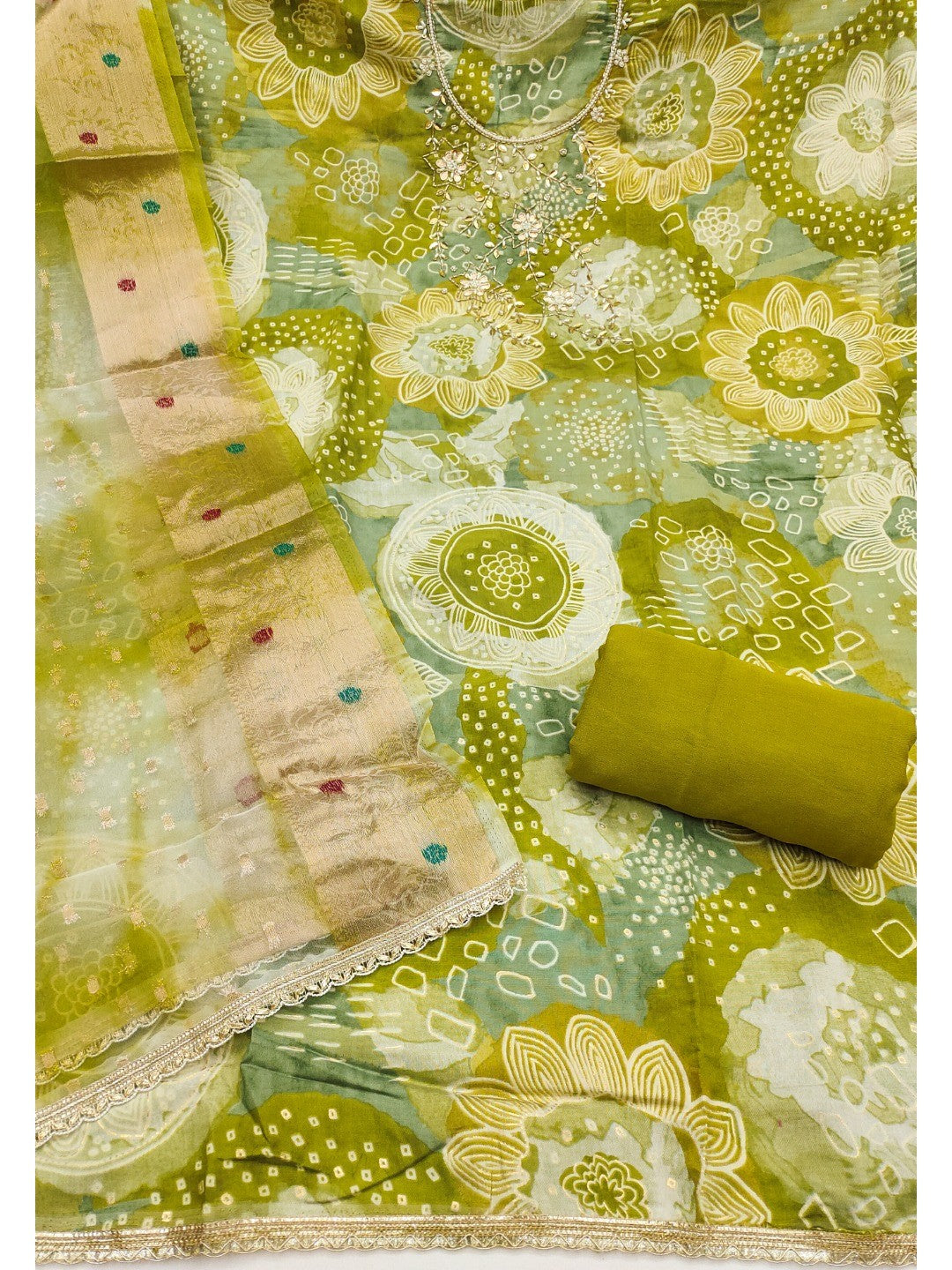 Green Floral Print Chanderi Silk Dress Material with Dupatta - Image 4