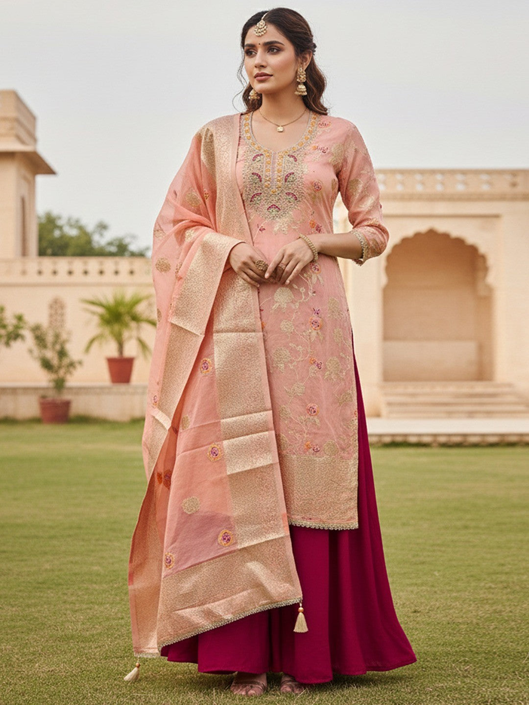 Peach Cotton Silk Fabric with Elegant Zari Floral Pattern Weaving - Image 2