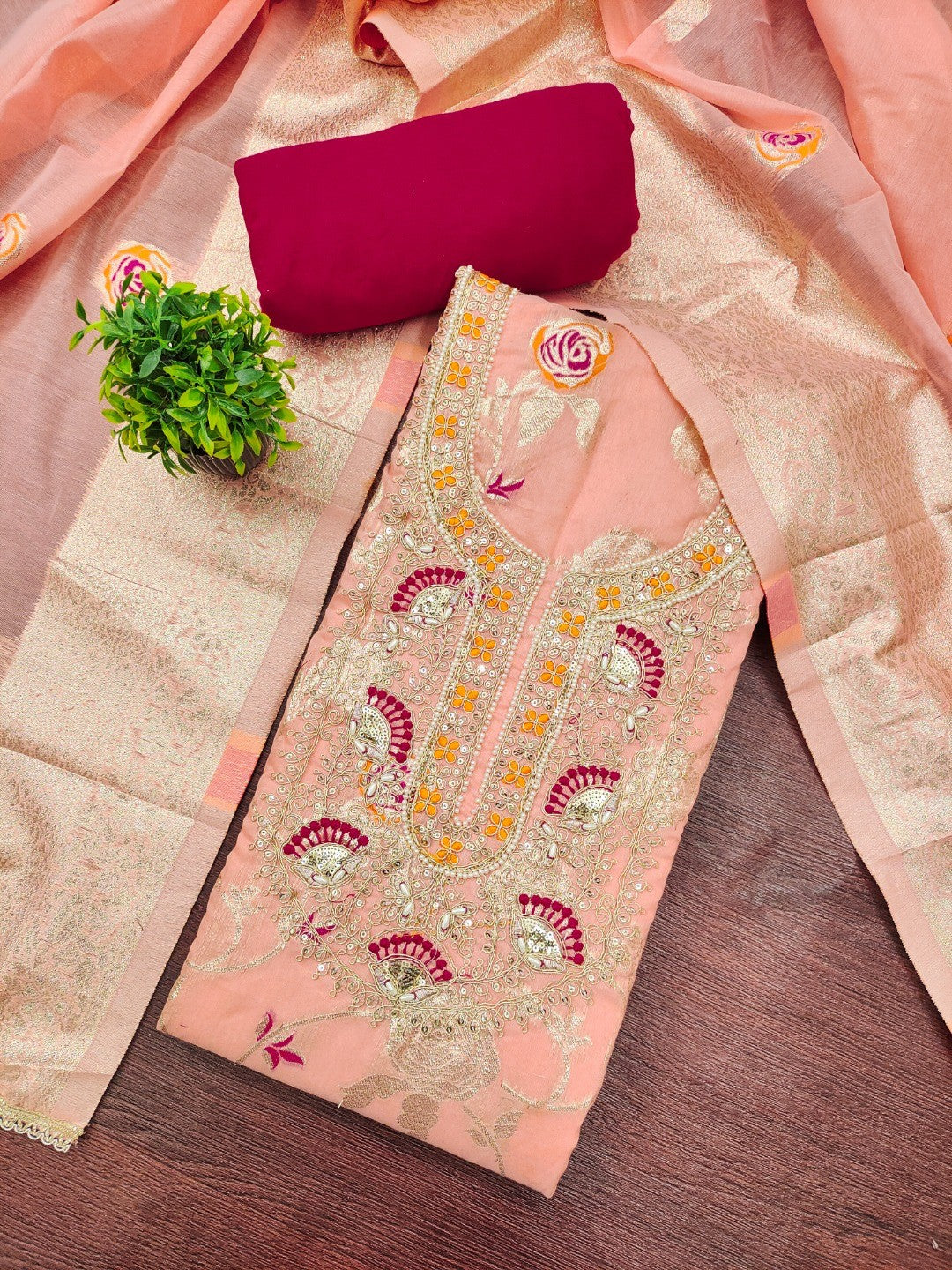 Peach Cotton Silk Fabric with Elegant Zari Floral Pattern Weaving - Image 3