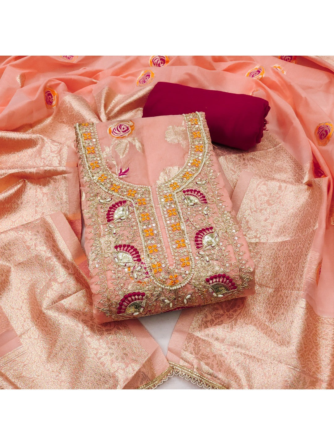 Peach Cotton Silk Fabric with Elegant Zari Floral Pattern Weaving - Image 1
