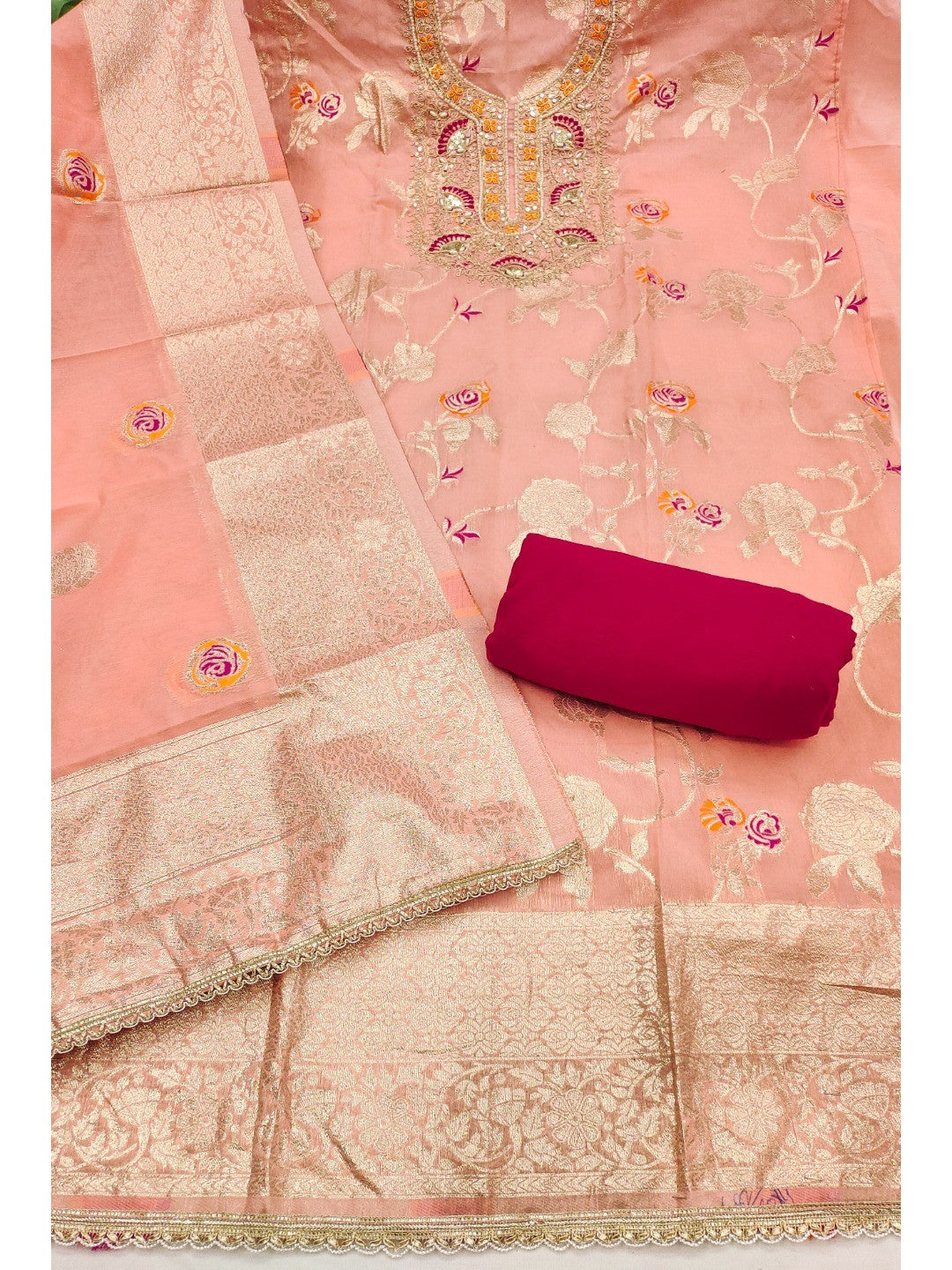 Peach Cotton Silk Fabric with Elegant Zari Floral Pattern Weaving - Image 4