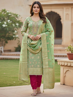 Green Cotton Silk Fabric with Elegant Zari Floral Pattern Weaving - Image 2