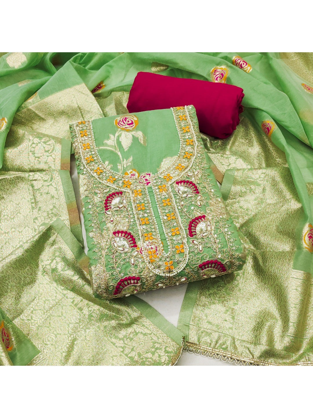Green Cotton Silk Fabric with Elegant Zari Floral Pattern Weaving - Image 1
