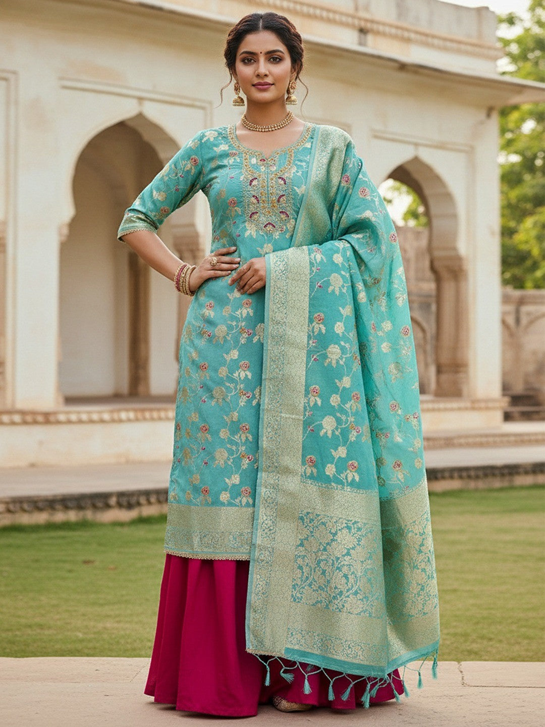 Turquoise Cotton Silk Fabric with Elegant Zari Floral Pattern Weaving - Image 2