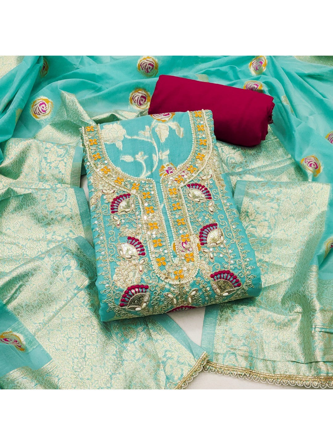 Turquoise Cotton Silk Fabric with Elegant Zari Floral Pattern Weaving - Image 1