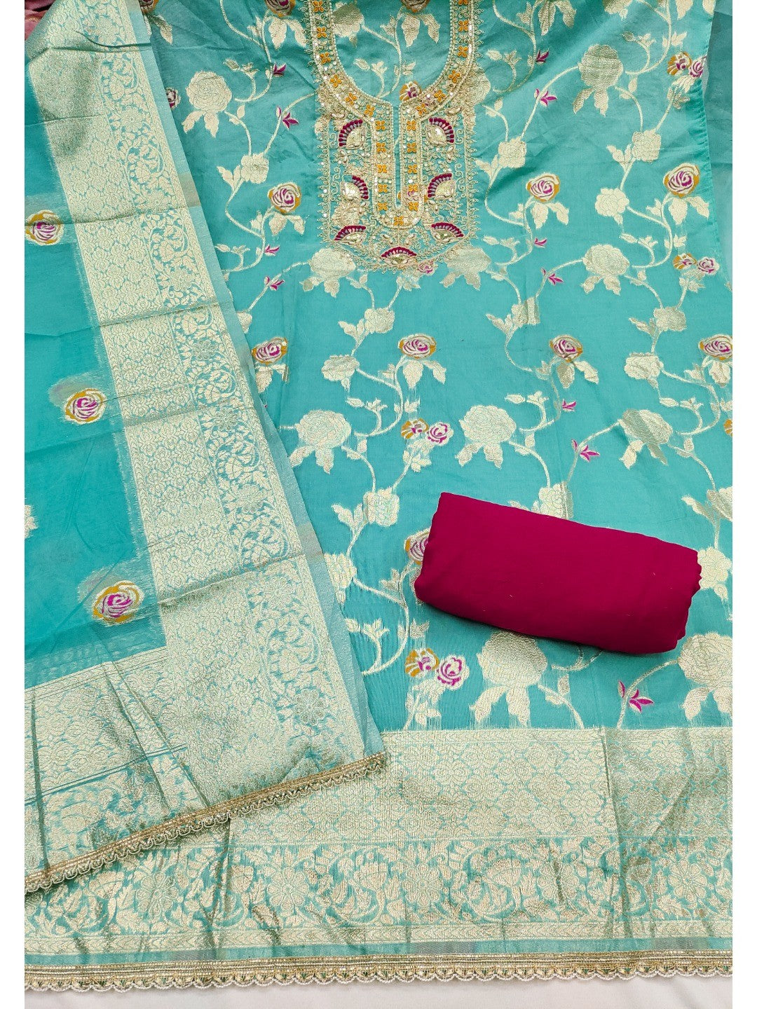Turquoise Cotton Silk Fabric with Elegant Zari Floral Pattern Weaving - Image 4
