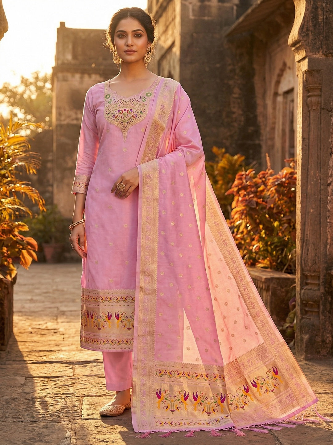 Elegant Pink Banarasi Silk Unstitched Dress Material with Dupatta - Image 2