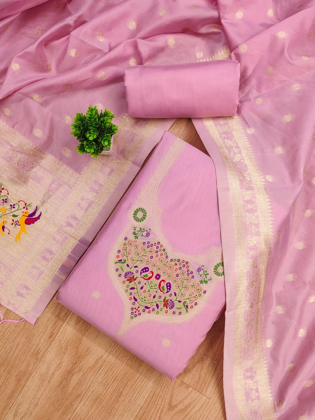 Elegant Pink Banarasi Silk Unstitched Dress Material with Dupatta - Image 4