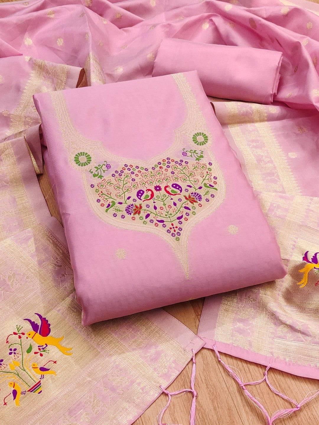 Elegant Pink Banarasi Silk Unstitched Dress Material with Dupatta - Image 1
