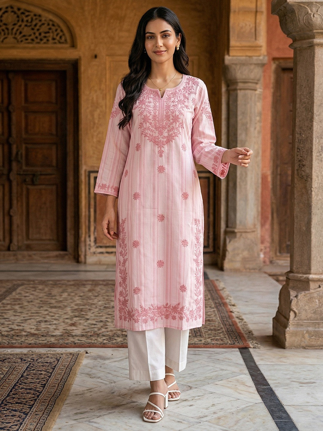 Elegant Pink Rayon Kurti with Delicate Embroidery - Image 1