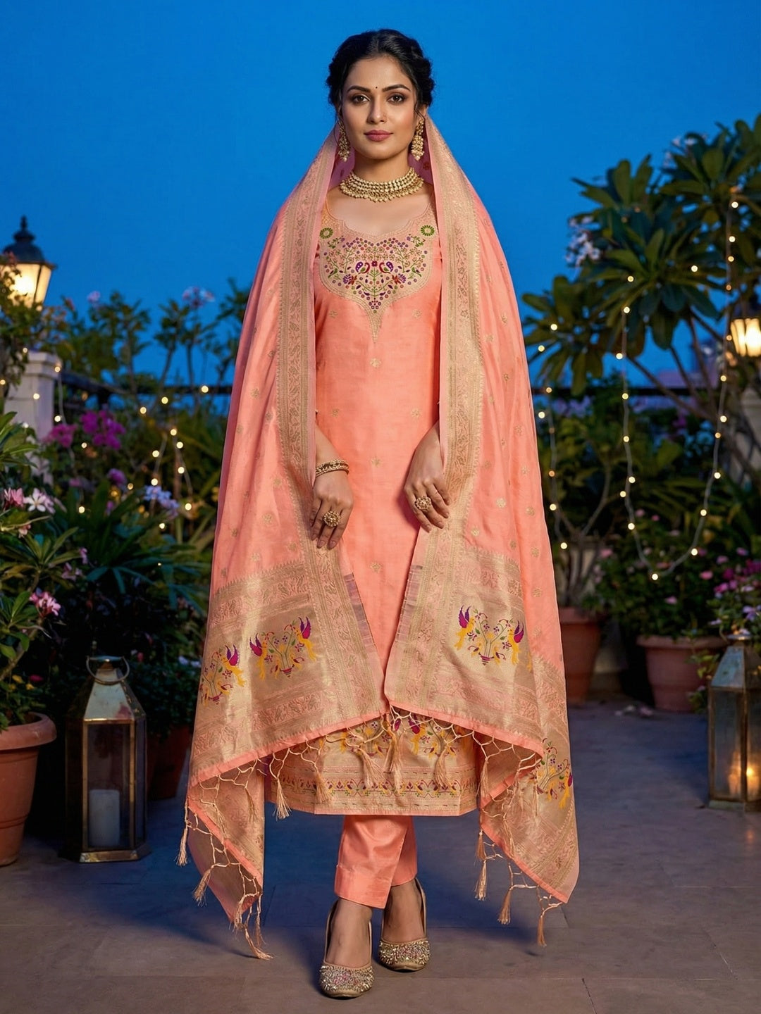 Elegant Peach Banarasi Silk Unstitched Dress Material with Dupatta - Image 2