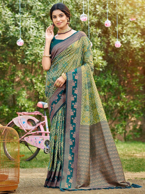 Ethnic Teal Green Floral & Geometric Zari Weaving Silk Blend Saree With Tassels Pallu - Image 1
